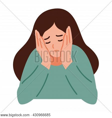 A Woman Is Having A Headache. Girl Feels Anxiety And Depression. Psychological Health Concept. Nervo