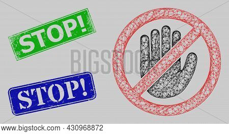 Wireframe Net No Hand Model, And Stop Exclamation. Blue And Green Rectangular Textured Stamp Seals. 