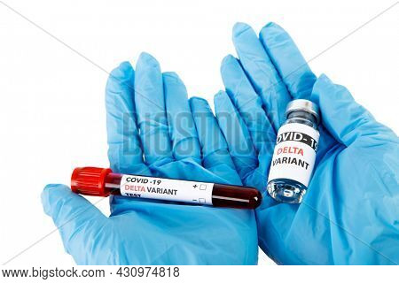 Vaccine bottles covid - 19 delta variant, vials medicine and syringe injection isolated on white. Coronavirus DELTA 2019-ncov. Vaccine bottles on the woman hand