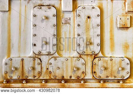 Metal Hatches Plate On Compressor For Revision Closeup With Oil And Rust Painted With Gray Paint Bol