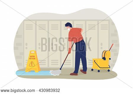 School Janitor In The Corridor 2d Vector Isolated Illustration. Adult Male Cleaner Mopping At School