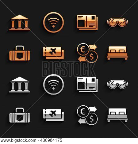 Set Airline Ticket, Ski Goggles, Big Bed, Money Exchange, Suitcase, Passport With Visa Stamp, Museum