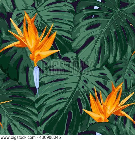 Tropical Floral Seamless Pattern. Realistic Vector Background With Rain Forest Nature, Green Monster