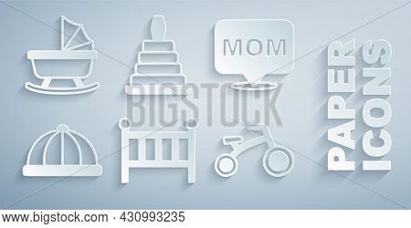 Set Baby Crib Cradle Bed, Speech Bubble Mom, Hat, Bicycle For Kids, Pyramid Toy And Stroller Icon. V