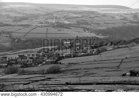 Monochrome Scenic View Of The Village Of Old Town In Calderdale West Yorkshire With Surrounding Penn
