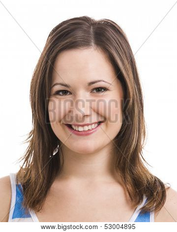 Porttrait of a beautiful young woman smiling, isolated over white background