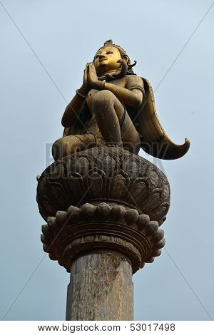 King Yoganarendra Malla bronze statue on a column. Nepal