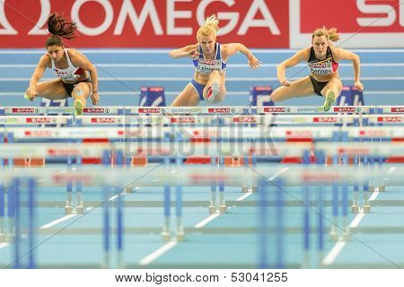 GOTHENBURG, SWEDEN - MARCH 1 Eline Berings (Belgium) places 3rd in heat 1 of the women's 60m hurdles event during the European Athletics Indoor Championship on March 1, 2013 in Gothenburg, Sweden.