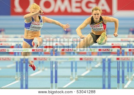 GOTHENBURG, SWEDEN - MARCH 1 Eline Berings (Belgium) places 3rd in heat 1 of the women's 60m hurdles event during the European Athletics Indoor Championship on March 1, 2013 in Gothenburg, Sweden.