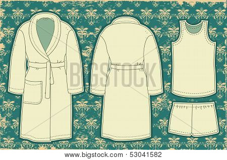 Bathrobe And Unredwear For Man.vector Illustration On Vintage Wallpaper