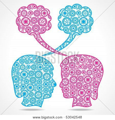 Group of gears make a male and female face stock vector
