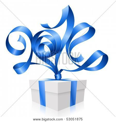 Vector dlue ribbon in the shape of 2014 and gift box. Symbol of New Year 