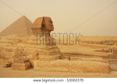 The Sphinx And Great Pyramid Of Khufu In A Sand Storm, Cairo