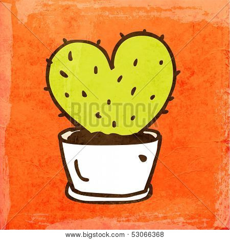 Green Cactus in the Pot. Cute Hand Drawn Vector illustration, Vintage Paper Texture Background