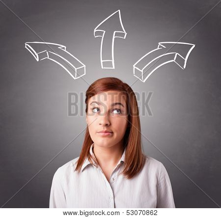 Beautiful young lady thinking with arrows overhead
