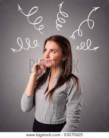 Beautiful young woman thinking with arrows overhead