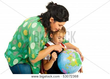 Mother Showing To Son On World Globe
