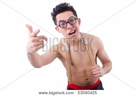 Funny guy with nunchucks on white