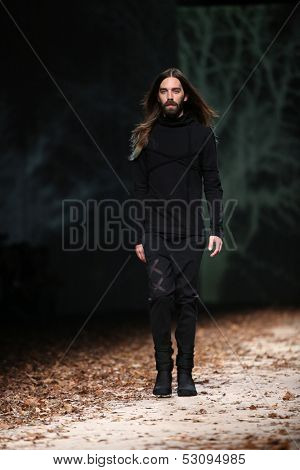 ZAGREB, CROATIA - OCTOBER 25: Fashion model wearing clothes designed by Spirir By T.B. on the Cro a Porter show on October 25, 2013 in Zagreb, Croatia.