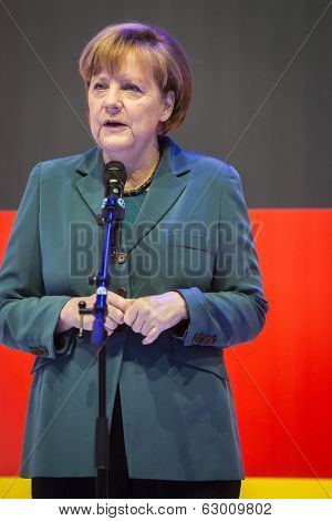 HANOVER, GERMANY - APRIL 7:  Chancellor Angela Merkel speeching at the opening of Hannover Messe. April 7, 2014. The Hannover Messe is the largest industrial trade fair in the world