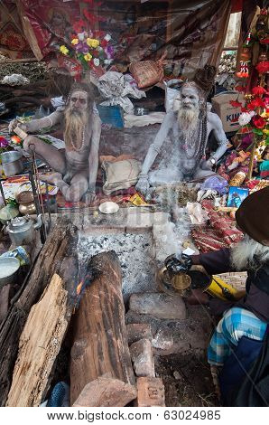 Sadhus (Hindu Saints) and Their Tent.