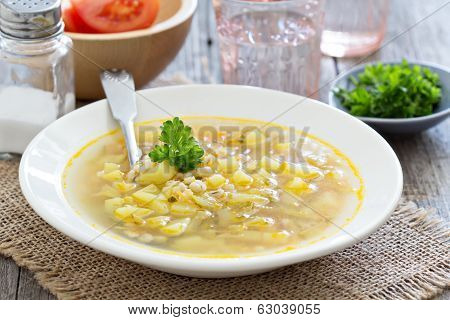 Soup with salted cucumbers and pearl barley
