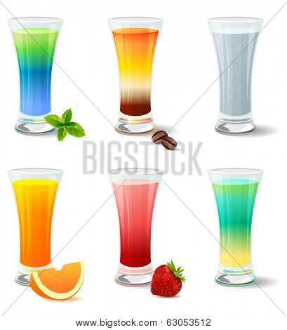 Different detailed realistic cocktails and juices on white