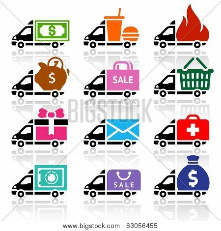 Delivery truck flat icons set