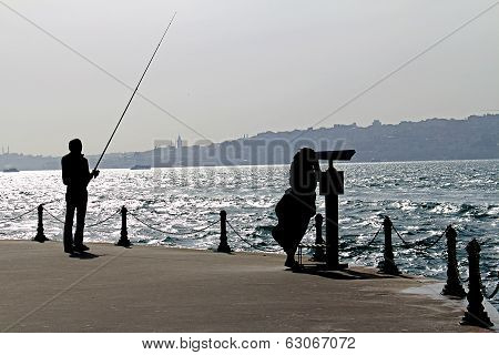 Fisherman And Tourist Silhouette Bosphorus Istanbul