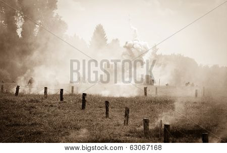 heavy tank KV 2 and the explosion of a shell hit