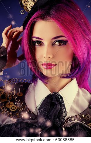 Girl in a stylized steampunk costume posing on a dark background. Anime.