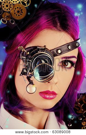 Girl in a stylized steampunk costume posing on a dark background. Anime.