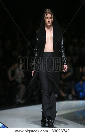 ZAGREB, CROATIA - MARCH 29: Fashion model wearing clothes designed by Silvio Ivkic on the 'Fashion.hr' show on March 29, 2014 in Zagreb, Croatia.