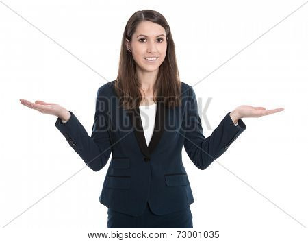 Questioner view of a young businesswoman presenting advantages and disadvantages.