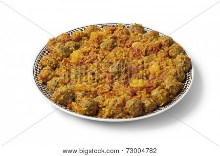Moroccan dish with kefta sardines on white background
