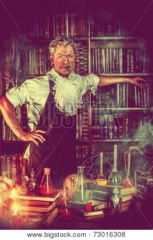Crazy old man medieval scientist working in his laboratory. Alchemist. Halloween.