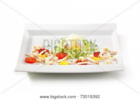 Kids Food - Quail Nest. Salad with Quial Eggs and Chicken Breast