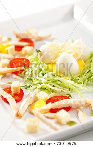 Kids Food - Quail Nest. Salad with Quial Eggs and Chicken Breast