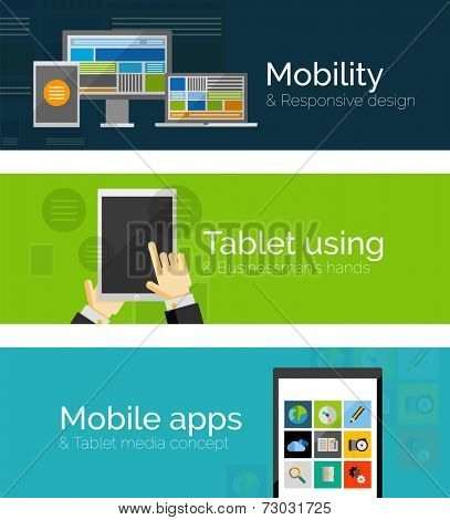 Set of flat design banners - business and mobility. Mobile apps, tablet with businessman's hands and responsive design of pc tablet phone and laptop