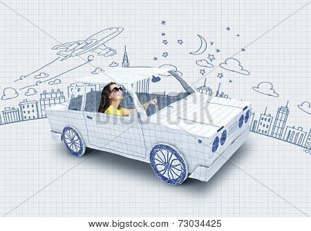 Young woman riding car made of list of paper