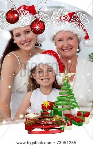 Daughter mother and grandmother baking Christmas sweets against snow falli