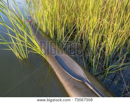 a bow of narrow racing kayak with a wing paddle on lake with cattail