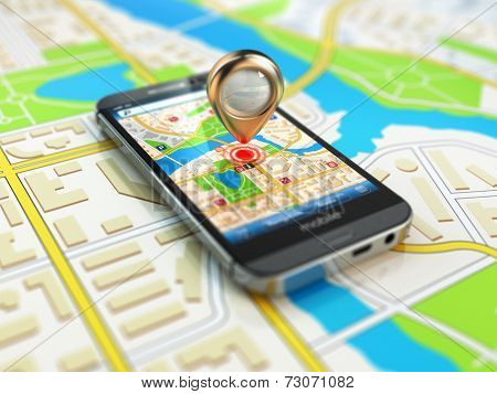 Mobile GPS navigation concept. Smartphone on map of the city, 3d