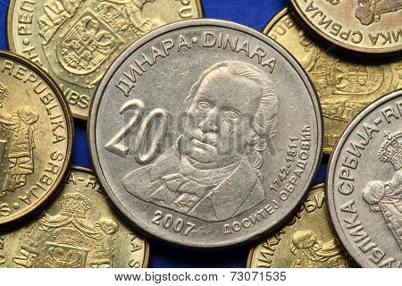 Coins of Serbia. Serbian statesman Dositej Obradovic depicted in Serbian twenty dinars coin. 