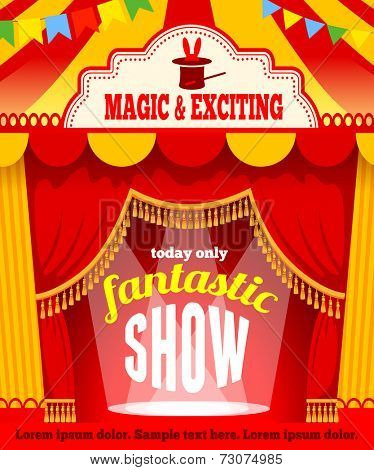 Festive background with tent of vagrant circus and spotlight. Vector illustration. 
