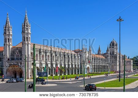 Lisbon, Portugal. August 24, 2014: The Jeronimos Monastery with the maritime Museum entrance on the left, and the Archeology Museum entrance at the middle in the Belem District. World Heritage site.