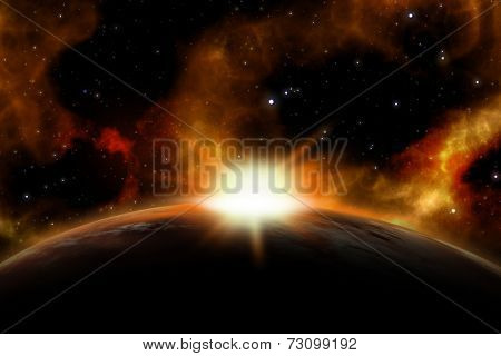 3D space background with the sun rising over a fictional planet