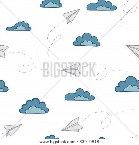 Paper airplanes on the sky with clouds