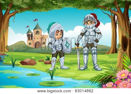Illustration of two knights standing in a forest 