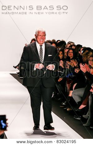 NEW YORK - FEBRUARY 16: A designer Dennis Basso walks the runway at the Dennis Basso Fall/Winter 2015 collection during Mercedes-Benz Fashion Week in New York on February 16, 2015.